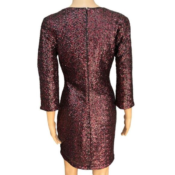 Express Burgundy Sequin Dress Size 6 Womens Bodycon Fitted V-neck Back zip - Picture 3 of 10